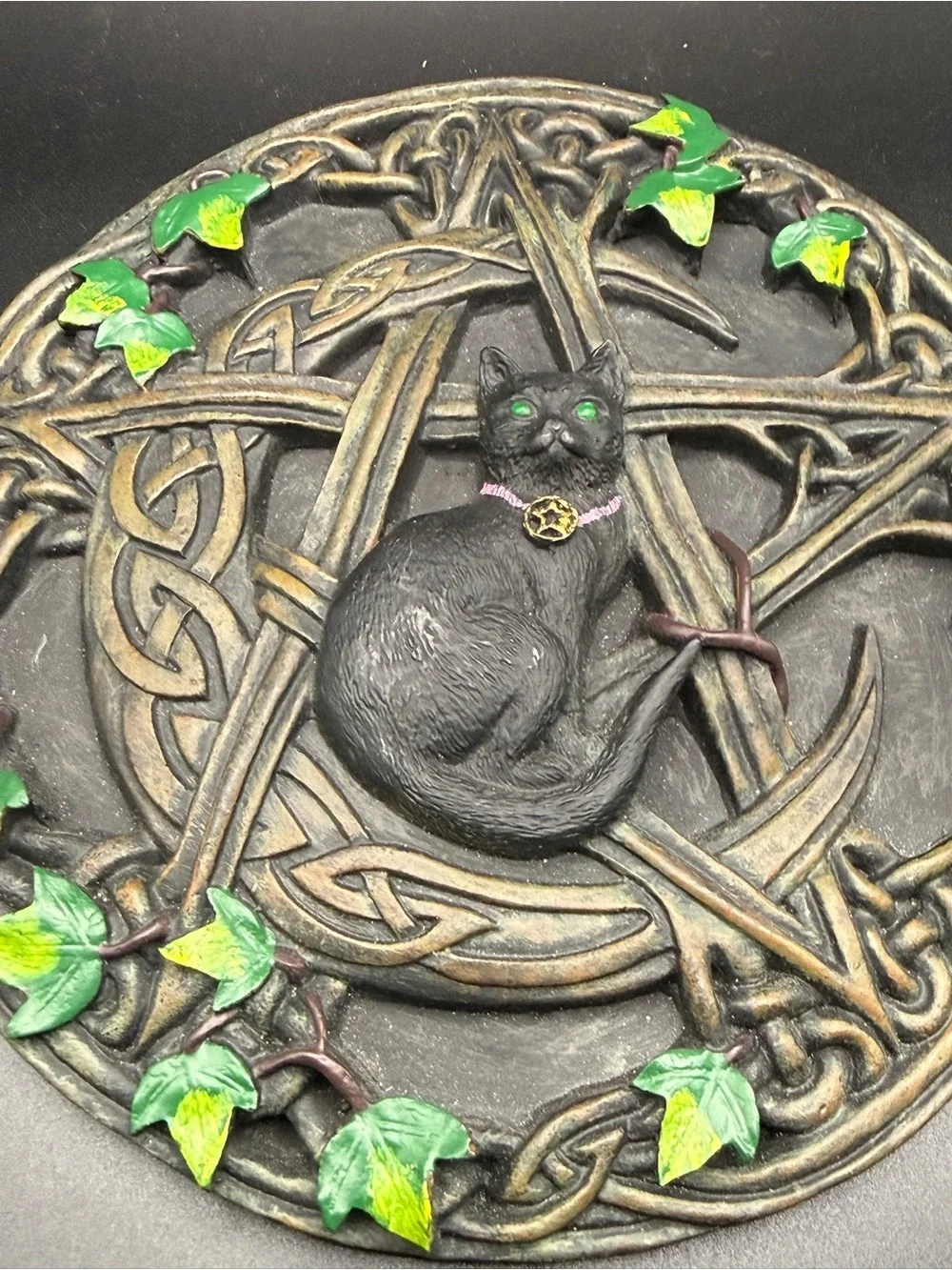 Wicca Black Cat Pentacle Wall Plaque Celtic Knotwork Ivy Leaves Pentagram Moon